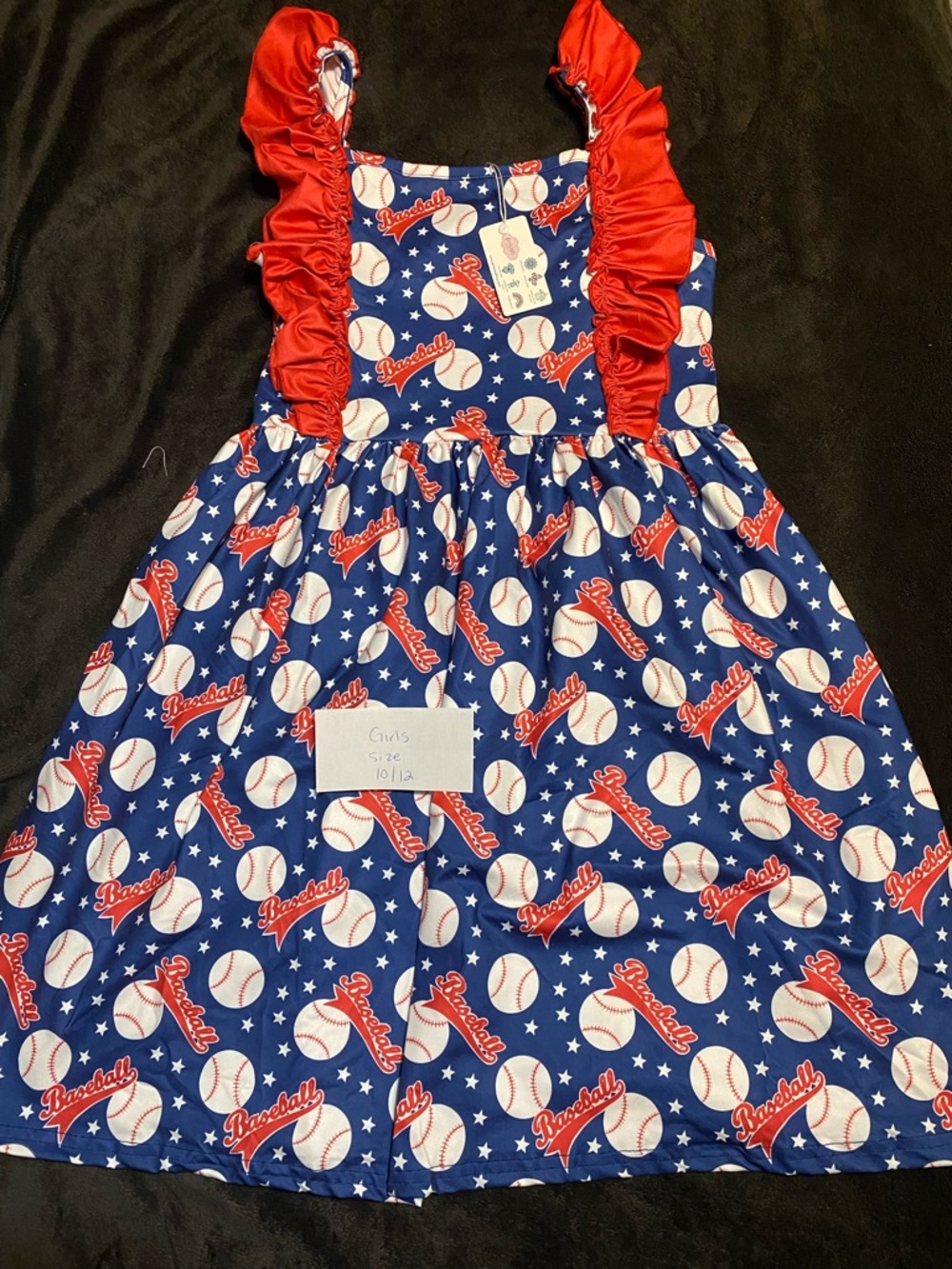 Girls' Baseball Print Dress with Red Ruffle Straps